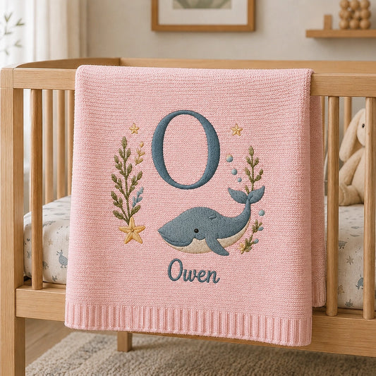 Pink Personalized Whale Blanket With Initial O And Owen