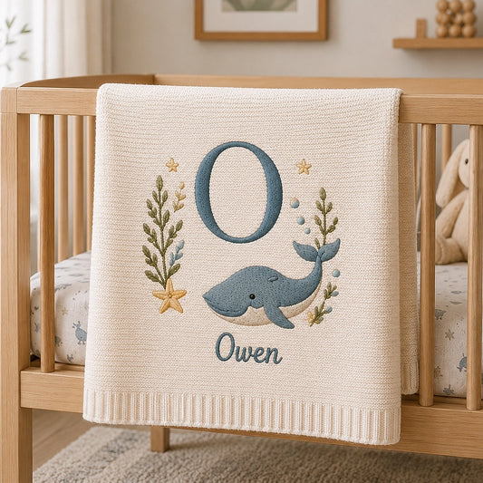 White Personalized Whale Blanket With Initial O And Owen