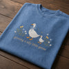 Folded Blue Washed Tee With Goose And Floral Embroidery